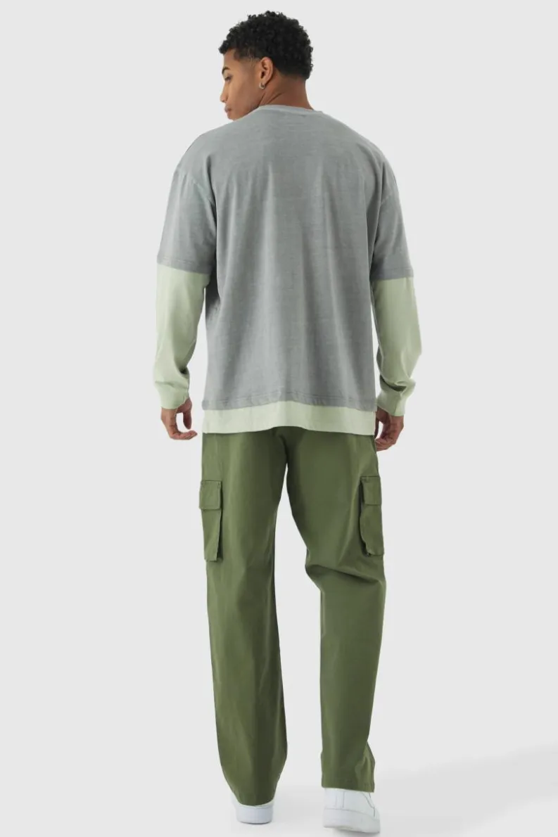 Hot boohooMAN Relaxed Fit Fixed Waist Woven Tab Cargo Trousers khaki