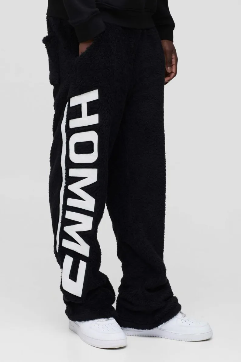 Discount boohooMAN Relaxed Fit Homme Embroidered Teddy Borg Joggers black