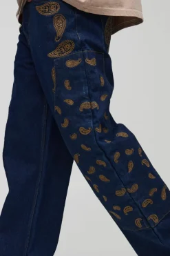 Flash Sale boohooMAN Relaxed Fit Paisley Embroidered Jeans indigo