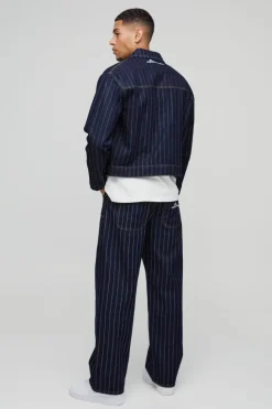 Best boohooMAN Relaxed Fit Pinstripe Denim Applique Jeans dark blue
