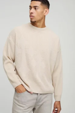 Outlet boohooMAN Relaxed Fit Ribbed Cross Knitted Jumper stone