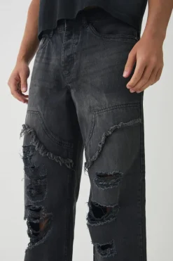 Sale boohooMAN Relaxed Fit Ripped Distressed Carpenter Jeans charcoal