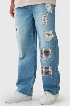 Clearance boohooMAN Relaxed Fit Rip & Repair Check Patchwork Jeans mid blue