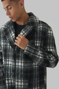 Fashion boohooMAN Relaxed Fit Single Breasted Check Overcoat In black