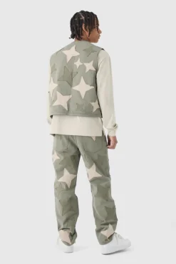 Discount boohooMAN Relaxed Fit Star Patchwork Applique Jeans khaki