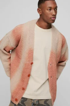 Best Sale boohooMAN Relaxed Fit Stripe Boucle Knitted Cardigan orange
