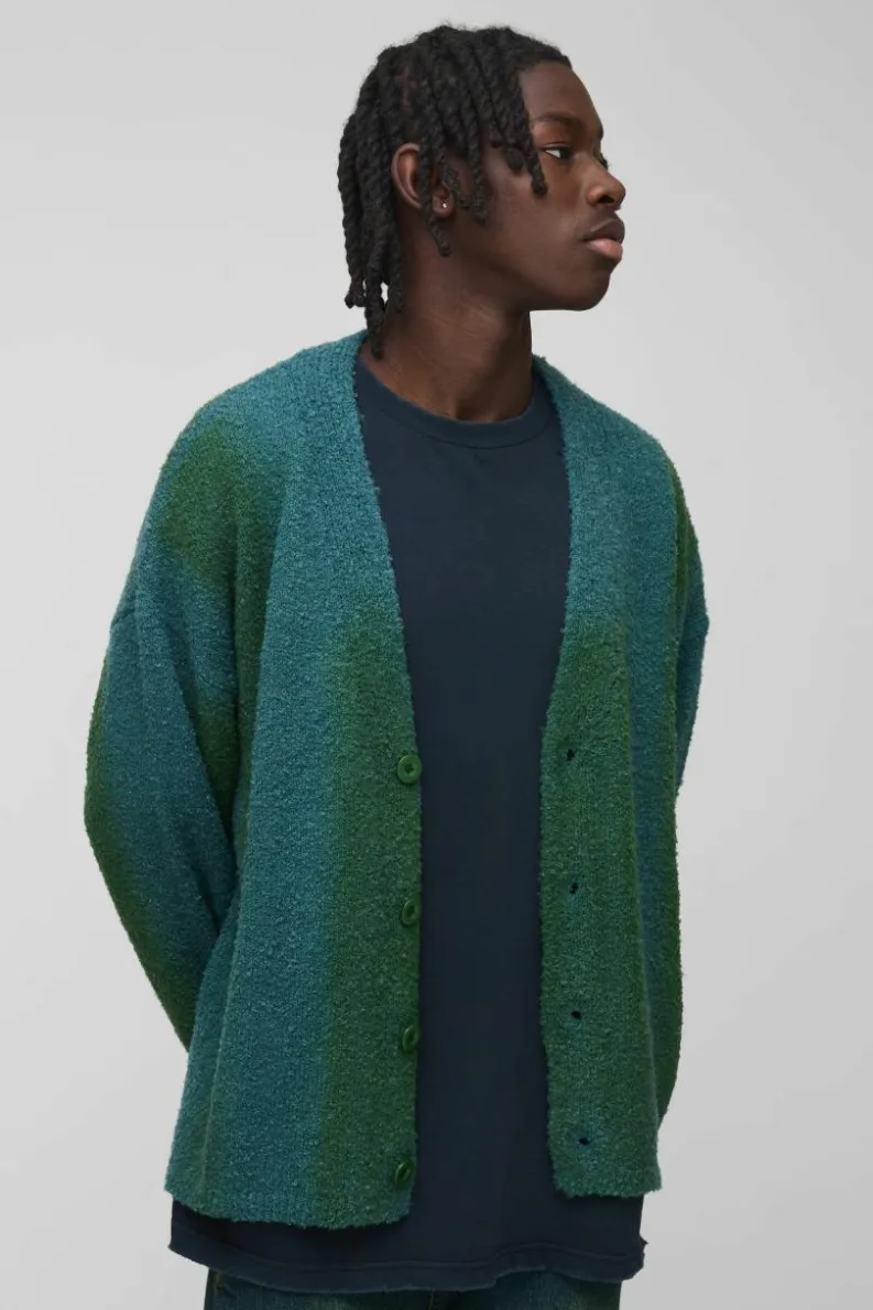 Hot boohooMAN Relaxed Fit Stripe Boucle Knitted Cardigan green