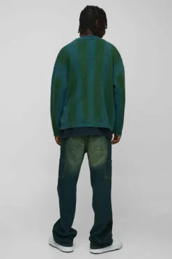 Hot boohooMAN Relaxed Fit Stripe Boucle Knitted Cardigan green