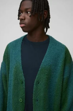 Hot boohooMAN Relaxed Fit Stripe Boucle Knitted Cardigan green