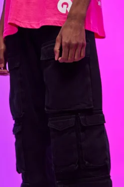 Outlet boohooMAN Relaxed Fit Washed Multi Pocket Cargo Jeans washed black