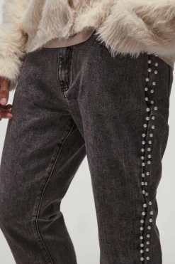Discount boohooMAN Relaxed Flared Pearl Side Detail Jeans charcoal