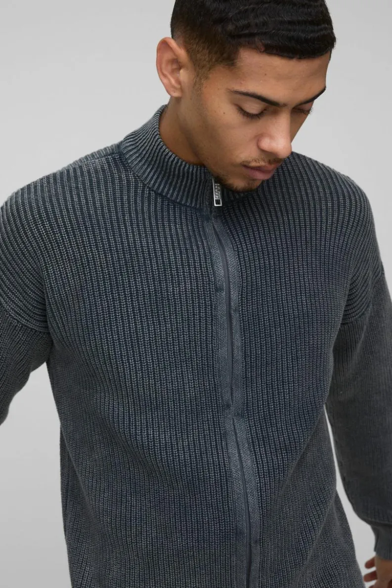 Shop boohooMAN Relaxed Funnel Neck Zip Up Acid Wash Jumper black