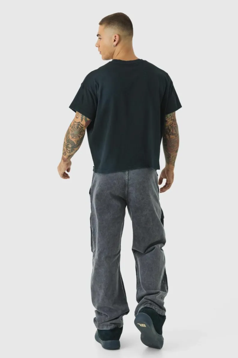 Flash Sale boohooMAN Relaxed Heavyweight Twill Acid Washed Cargo Trousers dark grey
