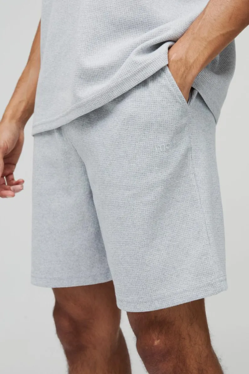 Hot boohooMAN Relaxed Man Embroidered Waffle Shorts grey