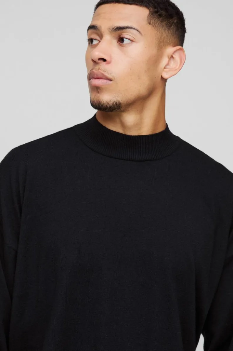 Online boohooMAN Relaxed Mock Neck Knitted Jumper black