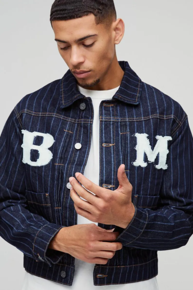 Online boohooMAN Relaxed Pinstripe Denim Applique Harrington Jacket dark blue