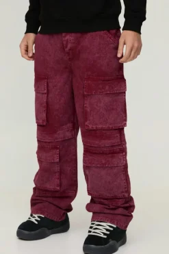Best boohooMAN Relaxed Rigid Acid Washed Multi Pocket Cargo Denim Jeans burgundy