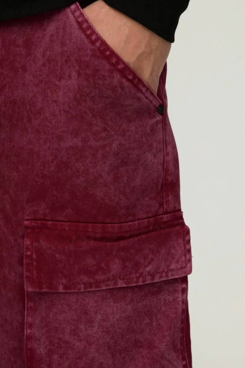 Best boohooMAN Relaxed Rigid Acid Washed Multi Pocket Cargo Denim Jeans burgundy