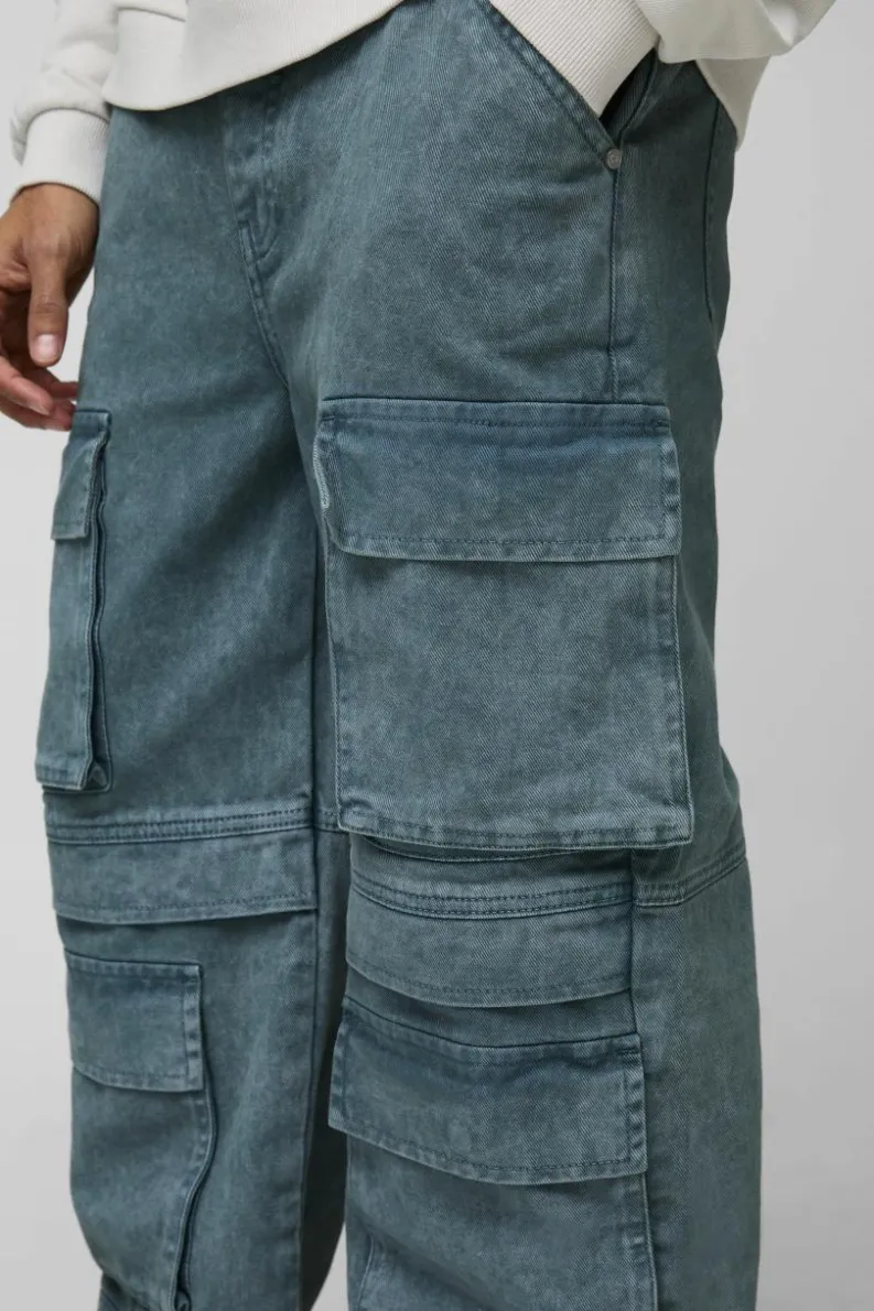 New boohooMAN Relaxed Rigid Acid Washed Multi Pocket Cargo Denim Jeans grey