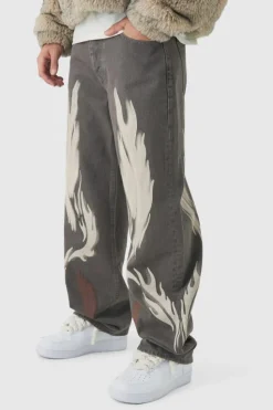 Hot boohooMAN Relaxed Rigid Tint Moto Printed Jeans brown