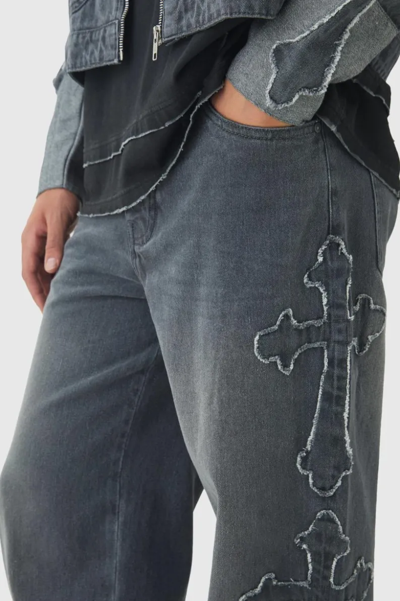 Sale boohooMAN Relaxed Rigid Cross Applique Denim Jeans grey