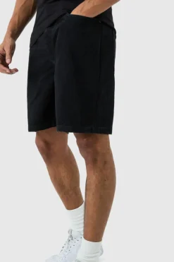 Cheap boohooMAN Relaxed Rigid Denim Shorts In Black true black