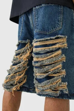 Best Sale boohooMAN Relaxed Rigid Extreme Ripped Denim Jorts In antique blue