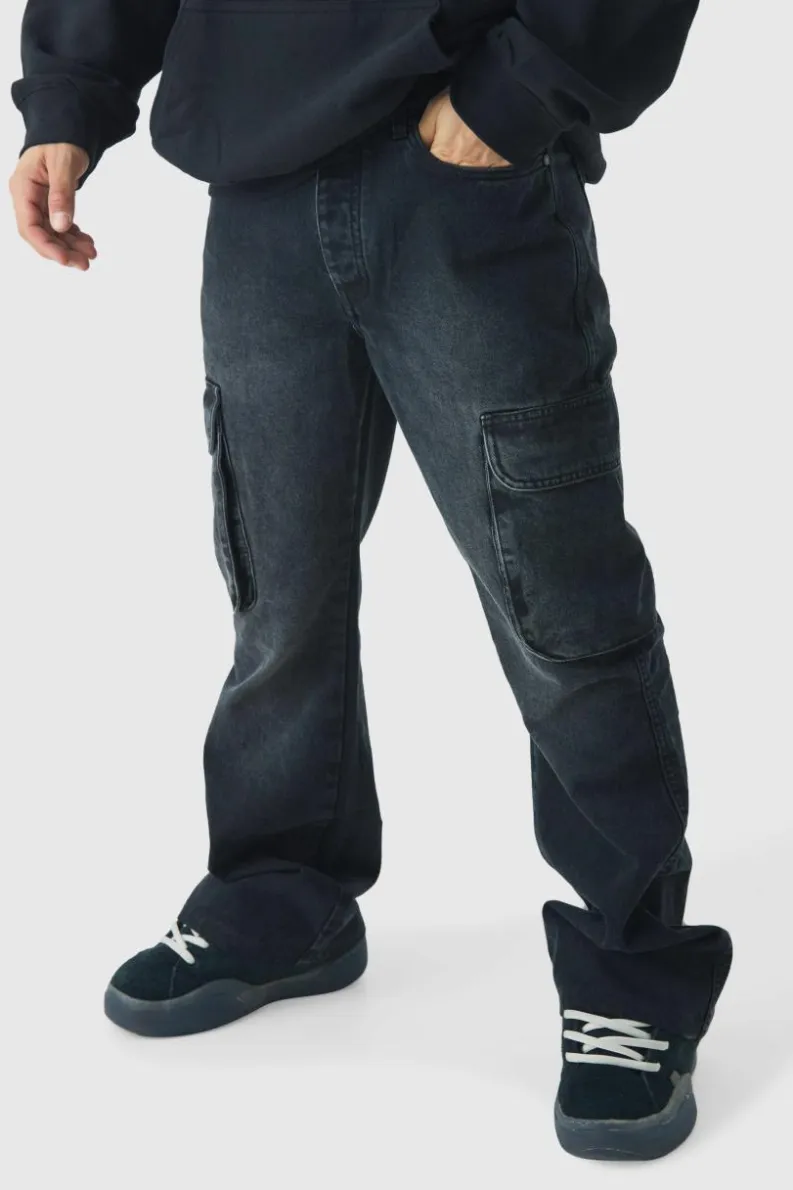 Sale boohooMAN Relaxed Rigid Flare Cargo Denim Jeans washed black
