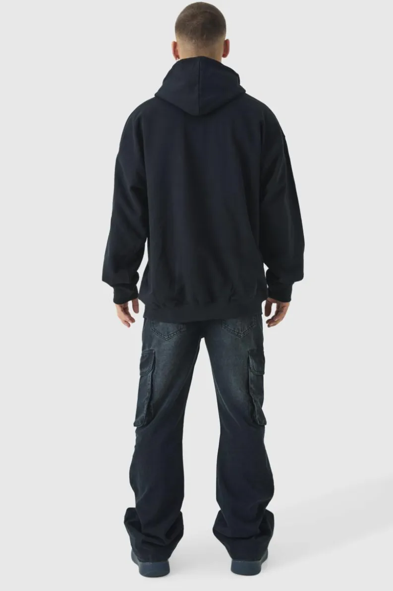 Sale boohooMAN Relaxed Rigid Flare Cargo Denim Jeans washed black