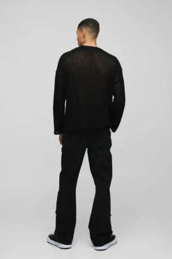 Clearance boohooMAN Relaxed Rigid Flared Bootcut Popper Gusset Denim Jeans true black