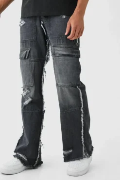 Online boohooMAN Relaxed Rigid Flare Frayed Edge Cargo Jeans washed black