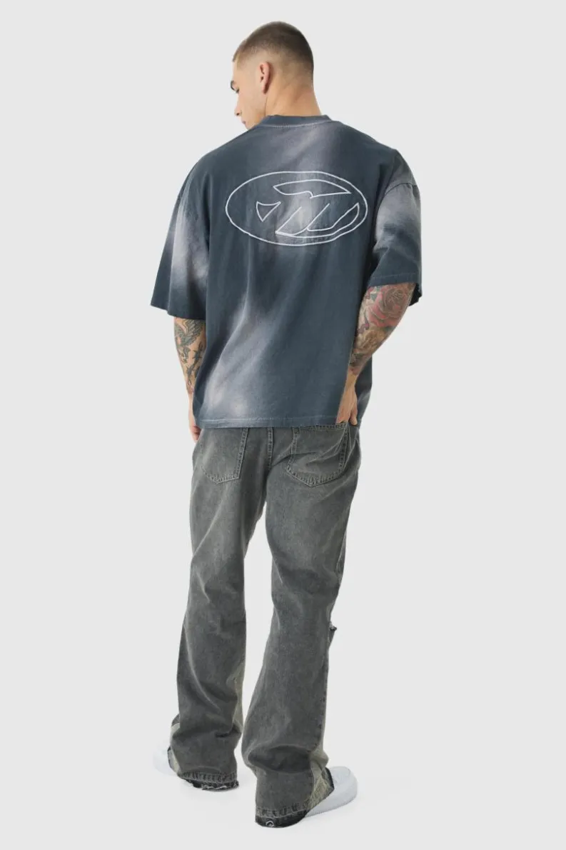 Hot boohooMAN Relaxed Rigid Flare Knee Ripped Denim Jeans stone