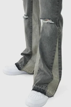 Hot boohooMAN Relaxed Rigid Flare Knee Ripped Denim Jeans stone
