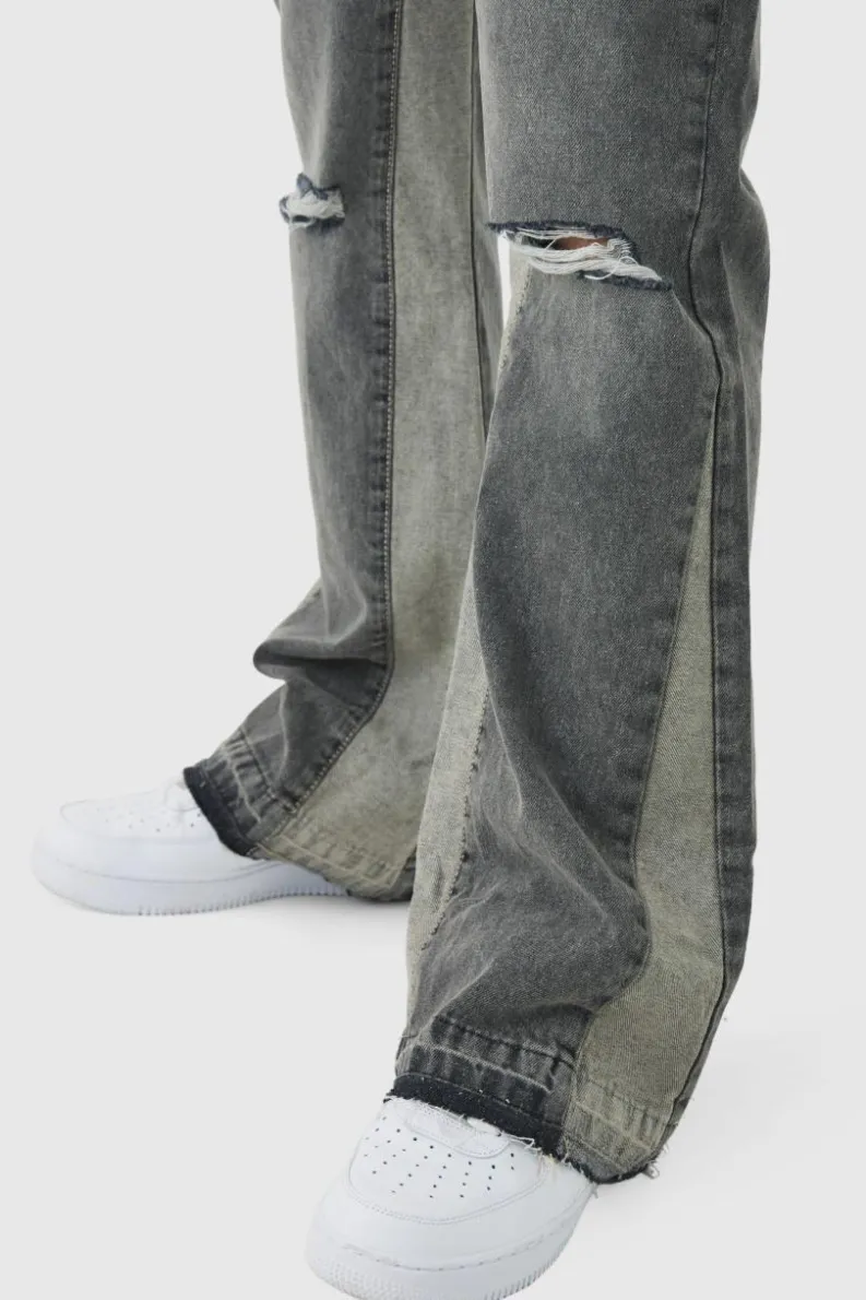Hot boohooMAN Relaxed Rigid Flare Knee Ripped Denim Jeans stone
