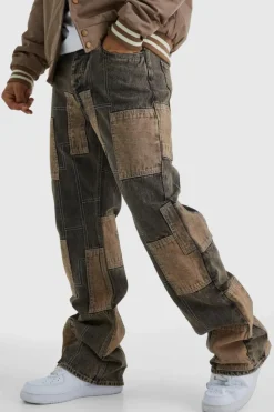 Hot boohooMAN Relaxed Rigid Flare Patchwork Jeans chocolate