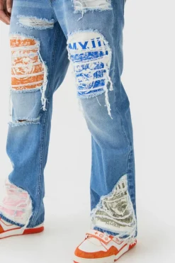 Flash Sale boohooMAN Relaxed Rigid Flare Rip & Repair Applique Jeans light blue