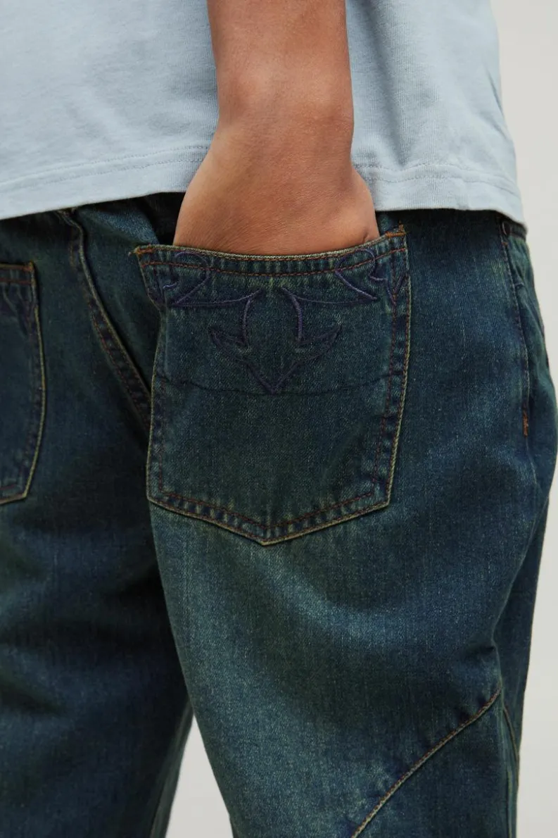 Cheap boohooMAN Relaxed Rigid Flare Western Embroidery Denim Jeans antique wash