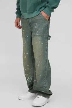Online boohooMAN Relaxed Rigid Paint Splatter Carpenter Denim Jeans green