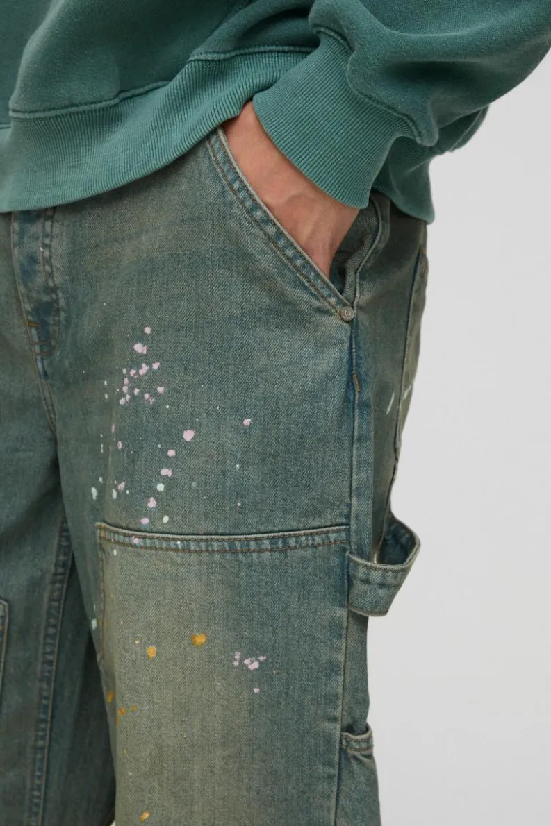 Online boohooMAN Relaxed Rigid Paint Splatter Carpenter Denim Jeans green