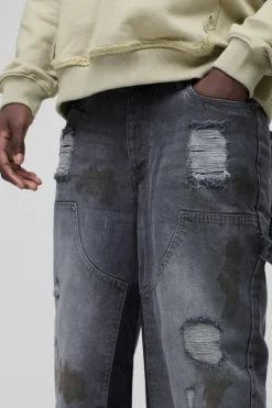 Flash Sale boohooMAN Relaxed Rigid Ripped Dirty Wash Carpenter Denim Jeans grey