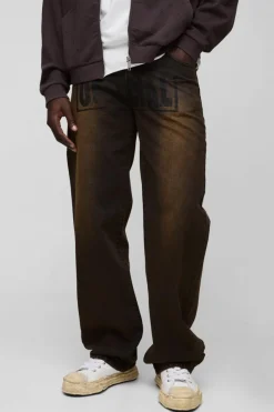 Online boohooMAN Relaxed Rigid Stacked Ombre Official Printed Jeans black