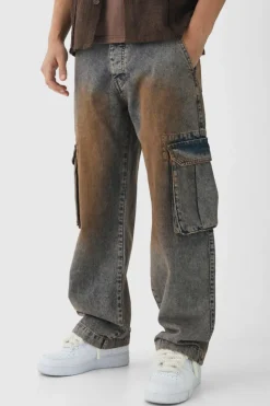 Clearance boohooMAN Relaxed Rigid Tinted Cargo Denim Jeans antique wash