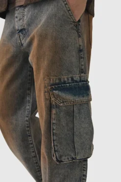 Clearance boohooMAN Relaxed Rigid Tinted Cargo Denim Jeans antique wash
