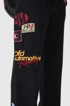 Cheap boohooMAN Relaxed Rigid Varsity Moto Denim Jeans true black