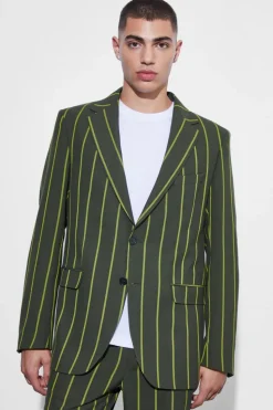 Best boohooMAN Relaxed Single Breasted Wide Stripe Suit Jacket forest