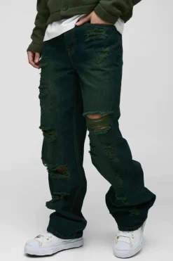 Online boohooMAN Relaxed Stacked Rigid Extreme Ripped Washed Denim Jeans green