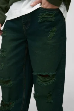 Online boohooMAN Relaxed Stacked Rigid Extreme Ripped Washed Denim Jeans green