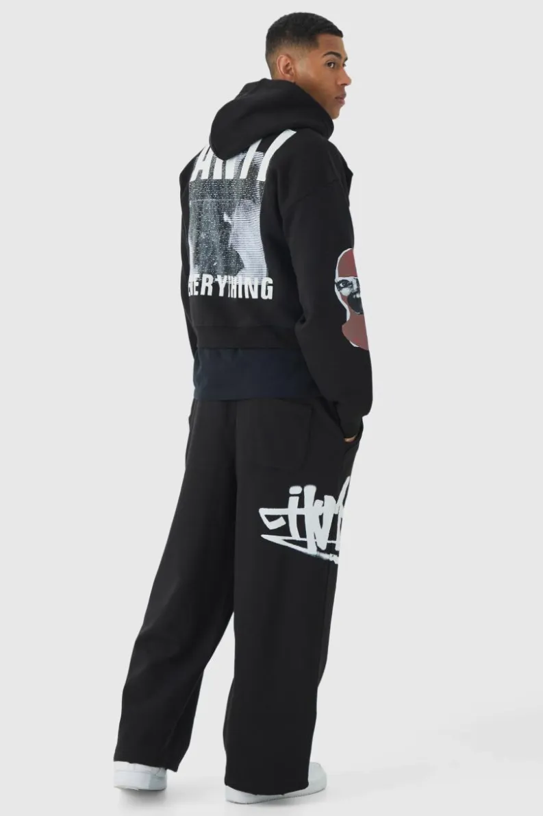 Flash Sale boohooMAN Relaxed Wide Leg Graffiti Applique Distressed Joggers black