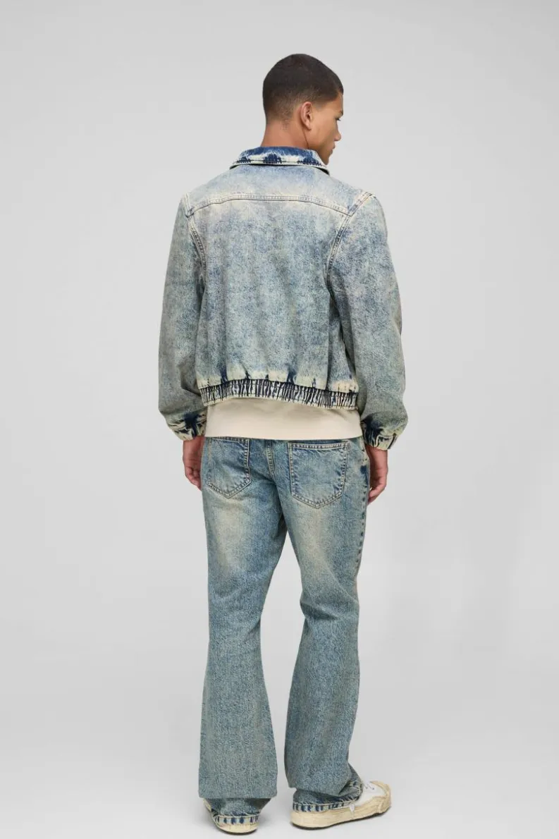 Sale boohooMAN Relaxed Zip Through Antique Wash Denim Bomber antique blue