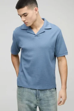 Store boohooMAN Revere Ribbed Polo blue